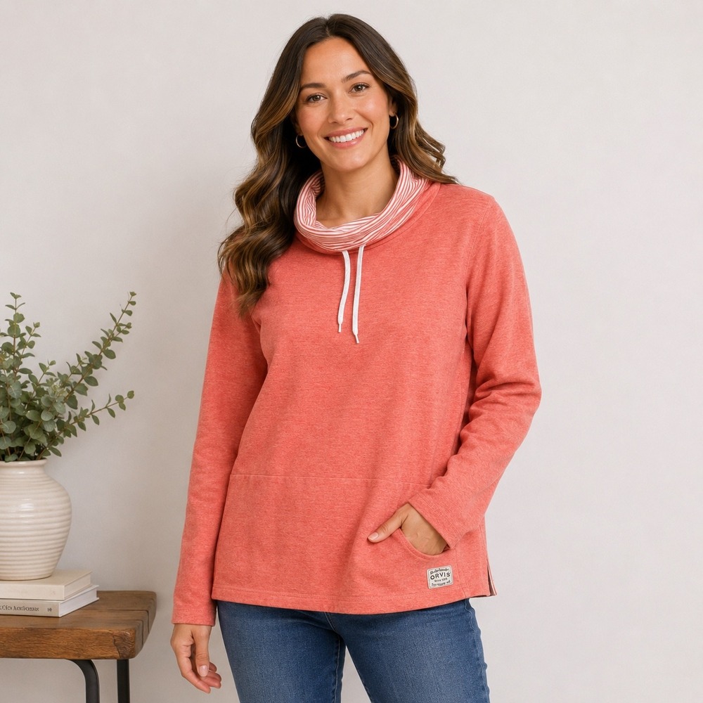 Orvis Womens XL Coral Heather Cowl Neck Pullover Sweatshirt Striped Trim Pocket
